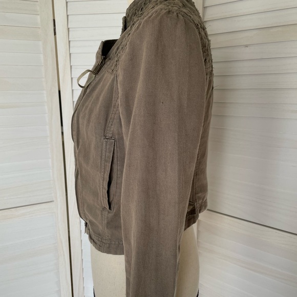 Free People Sz 4 Linen Cotton Eyelet Moto Jacket Olive Green Zip - Picture 7 of 13